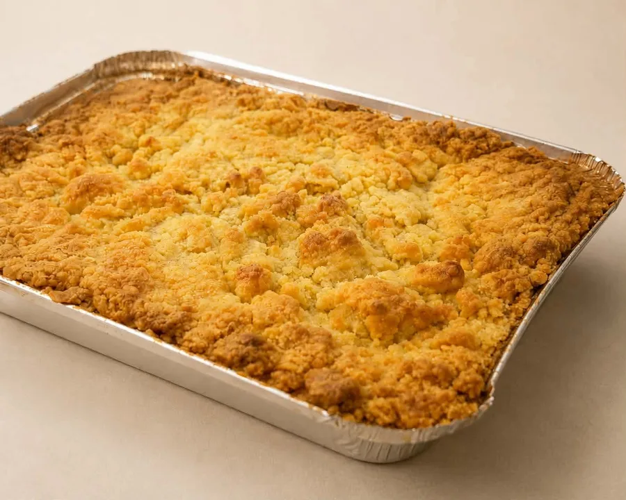 A whole apple cake in its tray, crumble baked golden