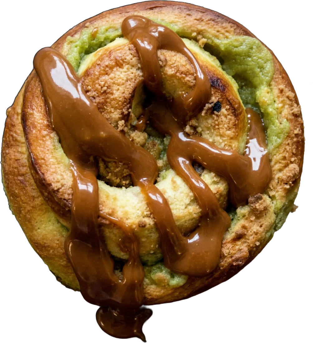 A Reynir pistachio snúður, glazed and topped with pistachios